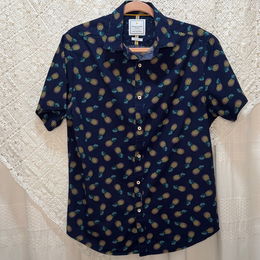 Denim & FlowerRicky Singh Dark Blue Pineapple Print Men's Shirt